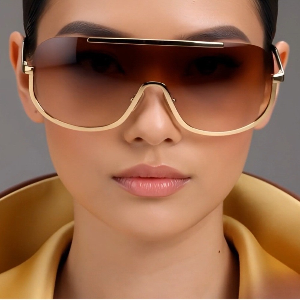 Shield Sunglasses Oversized One Piece Lens Gold Frame Fashion Visor Trendy Gafas